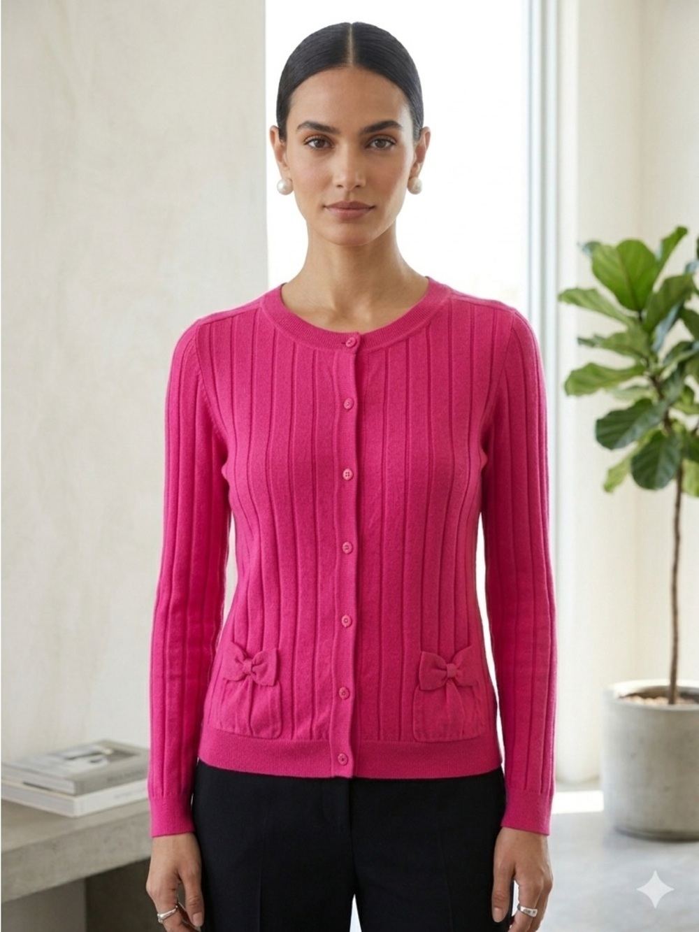 RED Valentino Fuchsia Pink Cotton Bow Ribbed Cardigan - Small